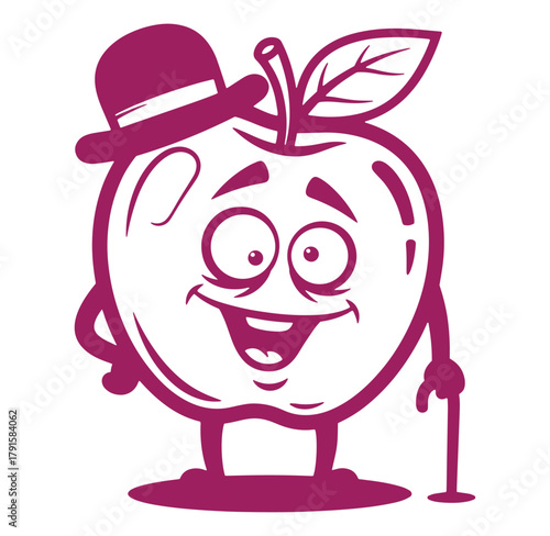 Smiling apple character wearing a bowler hat and holding a walking stick illustration