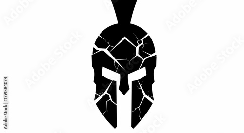 A black Spartan helmet with cracks, symbolizing resilience and strength.