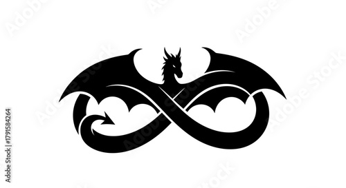 A black silhouette of a dragon intertwined with an infinity symbol, wings spread wide.