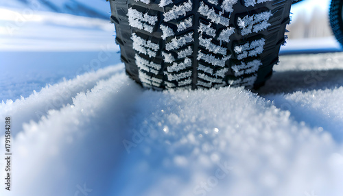 Close up of a winter tire driving over fresh snow icy tread pattern visible as the wheel rolls leaving a crisp track in the cold white landscape under clear blue sky