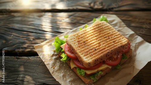 Grilled sandwich with lettuce, tomato, and cheese on rustic table