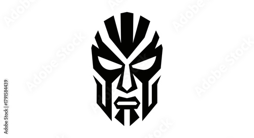A striking black tribal mask design with sharp geometric lines and an intense facial expression.