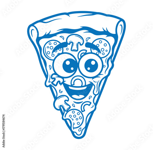 Smiling cartoon pizza slice with mushrooms and pepperoni in blue vector illustration
