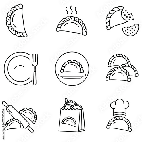A collection of vector empanada icons including steamed buns, a plate with a fork, a paper bag with pastry, and a chef's hat.  Use these icons for your restaurant website, food blog, cookbook