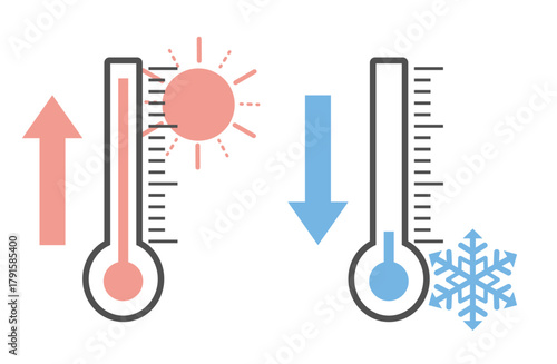 上昇と下降の矢印付き温度計アイコン　太陽と雪の結晶のワンポイントイラスト
