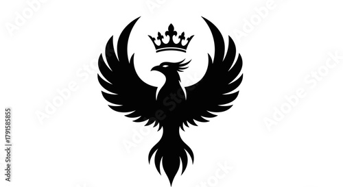 A stylized black silhouette of a phoenix with outstretched wings and a crown on its head, set against a white background.