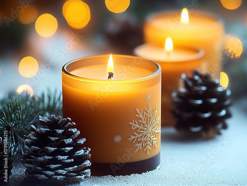 Christmas candles with pine cones and snowflakes table still life, bokeh background creating warm atmosphere, orange gold color scheme with professional lighting for holiday advertising.