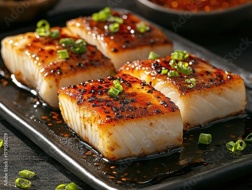 Gourmet photography of white fish fillet with spicy sauce on dark plate, garnished with green onions under soft lighting, showcasing texture and vibrant colors for menu design and culinary advertising