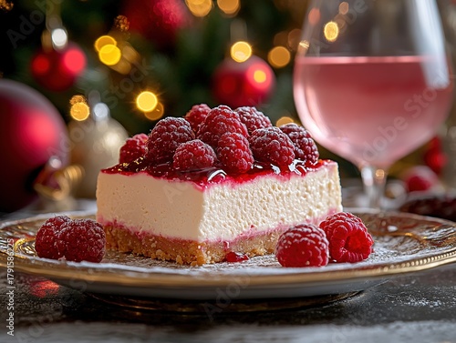 Slice of creamy cheesecake with raspberries on elegant plate before Christmas tree, with pink wine and red-gold festive decorations under soft lighting.