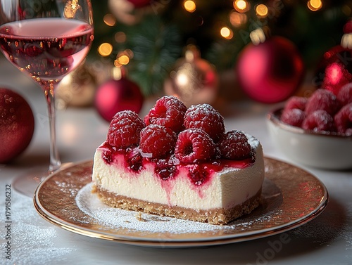 Raspberry cheesecake slice with pink wine in festive Christmas setting, red and gold decorations, soft lighting, elegant food composition