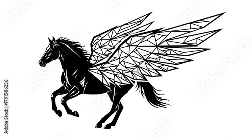 A striking black horse with geometric, polygonal wings, depicted in a dynamic, galloping pose against a white background.