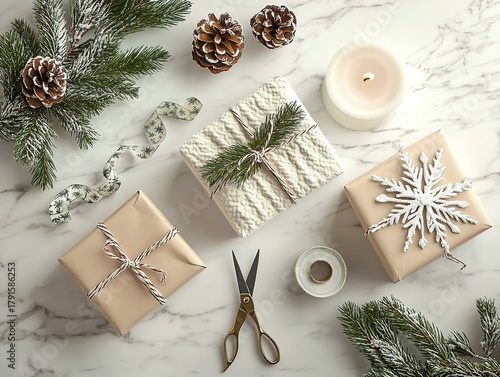 Aerial flat lay of Christmas gift wrapping concept with snowflake wrapped presents, craft scissors, tape, pine branches, and scented candle on white marble surface.