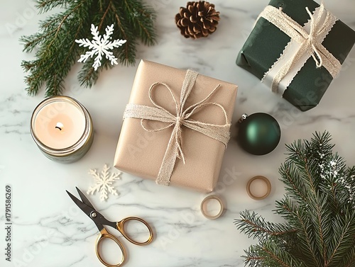 Aerial flat lay of Christmas gift wrapping preparation with snowflake paper presents, craft scissors, tape, pine branches and scented candle on white marble background