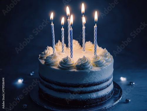 Minimalist studio photograph of birthday cake with candles on dark blue background, professional lighting creating high-quality composition for festive promotions and social media.