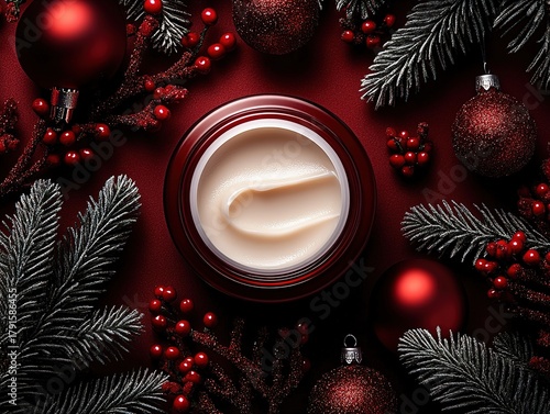 Top view cosmetic cream jar with red Christmas decorations on crimson background, professional beauty product photography with soft studio lighting for advertising.