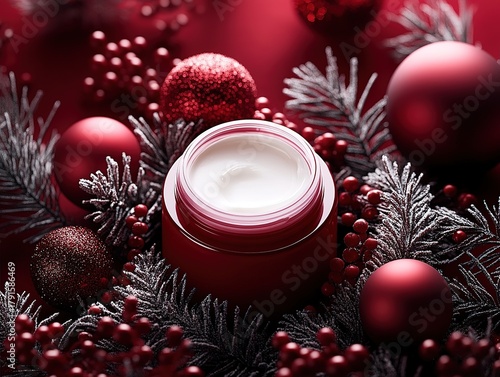 Top view cosmetic cream jar with red Christmas decorations on dark crimson background, professional beauty product photography with soft studio lighting for festive promotions.