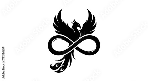 A striking black silhouette of a phoenix with outstretched wings, intertwined with an infinity symbol, set against a white background.