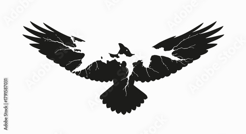 A stylized black silhouette of a bird with outstretched wings, appearing fractured or cracked.
