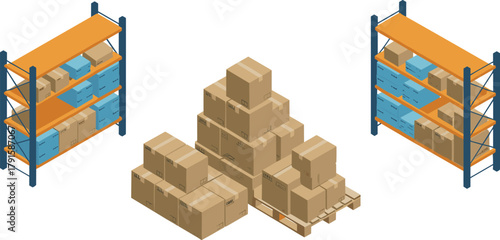 isometric warehouse storage illustration, 3d logistics shelves with cardboard boxes, industrial inventory system, cargo distribution center, supply chain concept design