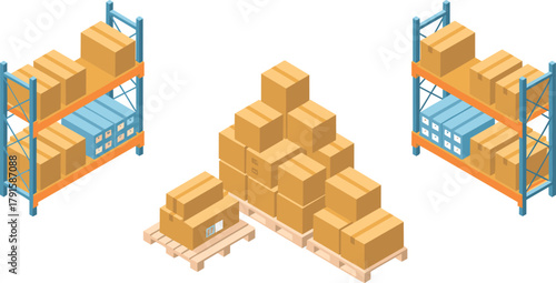 isometric warehouse storage illustration, 3d logistics shelves with cardboard boxes, industrial inventory system, cargo distribution center, supply chain concept design