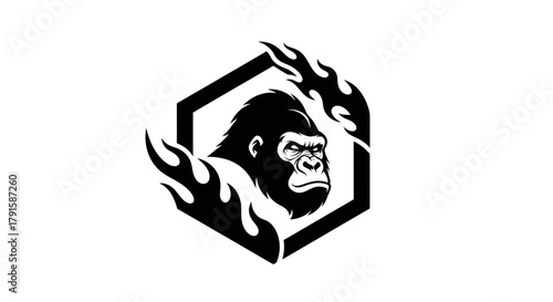 A striking black and white logo featuring a gorilla's head within a hexagonal frame, surrounded by stylized flames.