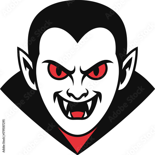Scary vampire face cartoon illustration with red eyes, fangs, dark hair, Halloween monster character design, horror fantasy vector art