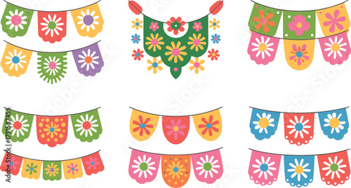 Set of colorful Mexican papel picado banners collection with floral cutout patterns, festive decoration for fiesta and celebration design