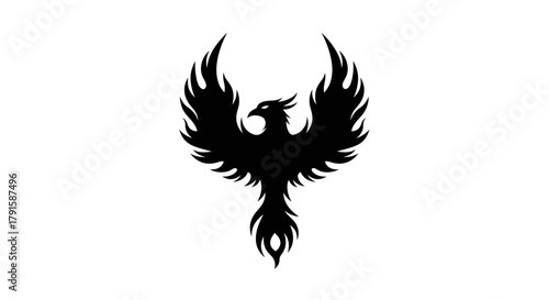 A striking black silhouette of a phoenix with outstretched wings and a fiery tail against a white background.