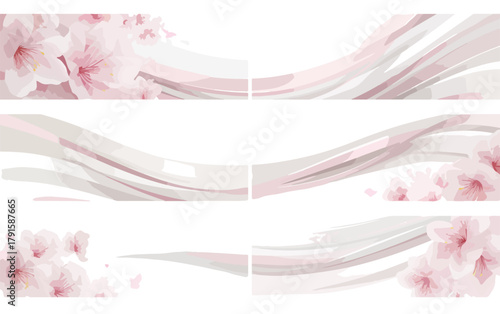 Abstrakte Vektor-Banner mit zarten rosa Kirschblüten und fließenden Linien auf weißem Hintergrund.