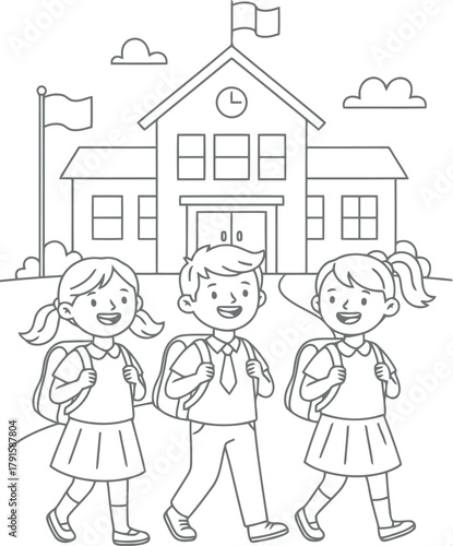 Happy children with backpacks walking towards school building illustration