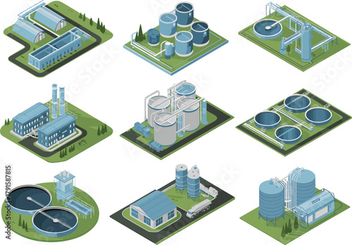 Set of nine isometric industrial water treatment plant illustrations with tanks, pipelines, buildings, and purification systems for environmental technology