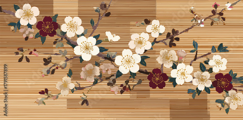 Vektor-Illustration einer blühenden Kirschblütenzweig auf einem Holzhintergrund mit vertikalen Linien.