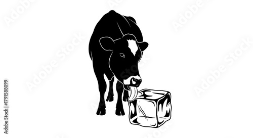 Cow licking an ice cube on a transparent background