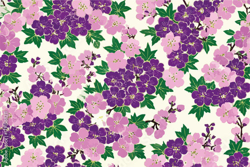 Vektor-Muster mit zarten rosa und violetten Blüten, grünen Blättern und weißem Hintergrund, Frühling