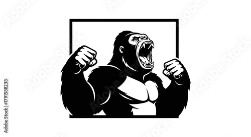 A powerful black and white illustration of a roaring gorilla with clenched fists raised in a display of strength.