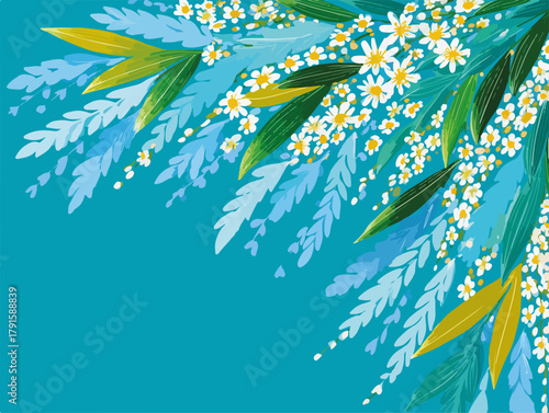 Dekoratives Vektor-Design mit blauen und grünen Blättern und kleinen weißen Blumen auf türkisfarbenem Hintergrund
