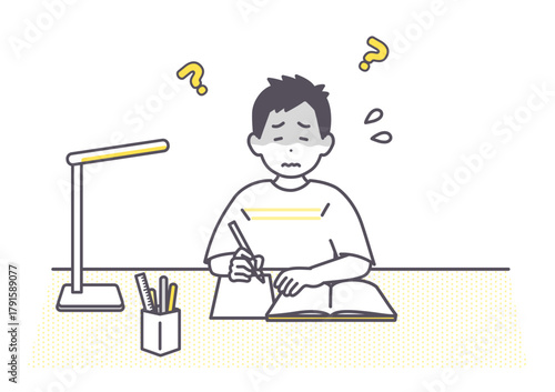 自宅学習中の男の子が困っているイメージイラスト　わからない　難しい