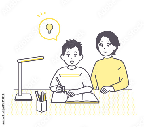 親子で自宅学習をしているイメージイラスト