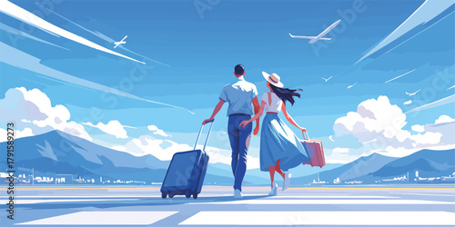 Ein Paar mit Gepäck reist in den Urlaub, mit Flugzeugen am Himmel und Bergen im Hintergrund.