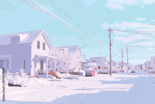 Minimalistische Vektor-Illustration einer verschneiten Nachbarschaft mit Häusern und Bäumen im Winter