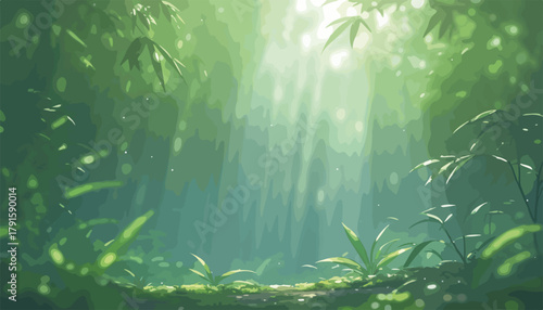 Sonnenstrahlen brechen durch ein dichtes, grünes Bambuswald-Dickicht und beleuchten den Waldboden.