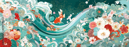 Vektor Illustration von Koi-Karpfen und Blumen in türkisfarbenen Wellen, im japanischen Stil