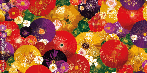 Bunte japanische Regenschirme und Blumenmuster, Vektor, traditionelle Kunst und Dekoration