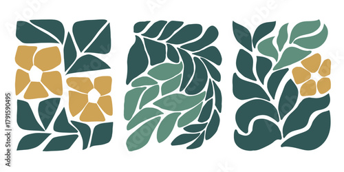 Abstract yellow flowers with green leaves. Minimalist art paintings. Transparent Background.