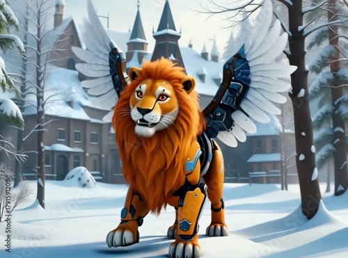 A festive robotic lion with mechanical wings stands in a snowy forest clearing in front of a grand, snow-covered castle or manor house.
