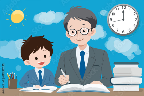 Glücklicher Lehrer und Schüler lernen zusammen im Klassenzimmer mit Büchern und Stiften unter Sonnenschein.