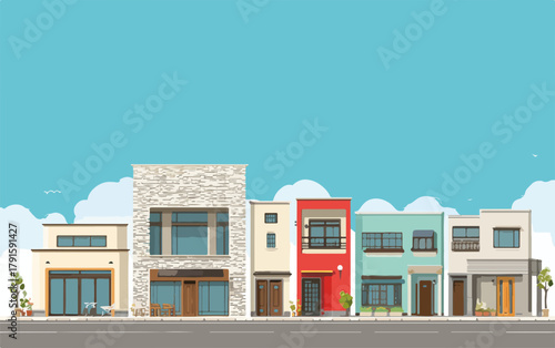 Eine Reihe von modernen und traditionellen Gebäuden mit verschiedenen Fassaden und Fenstern unter einem blauen Himmel.