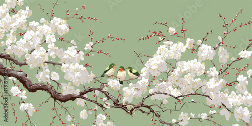 Drei kleine Vögel sitzen auf einem blühenden Kirschbaumzweig im Frühling, Vektorillustration.