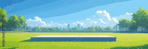 Eine Vektor-Illustration eines leeren Podests auf einer sonnigen Wiese mit Bäumen und einer Stadtkulisse im Hintergrund.