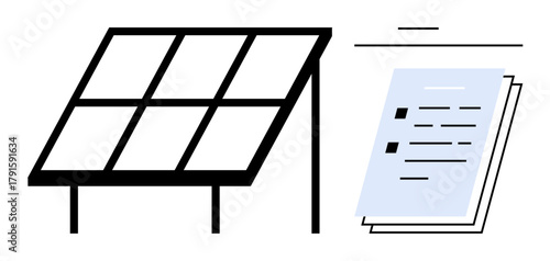 Solar panel structure alongside stacked documents representing renewable energy initiatives, planning, and resources. Ideal for energy management, sustainability, ecology, eco-business, policy